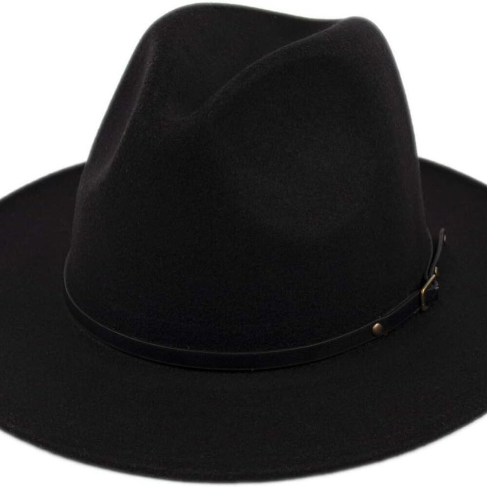 Womens Classic Wide Brim Floppy Panama Hat Belt Buckle Wool Fedora Hat
